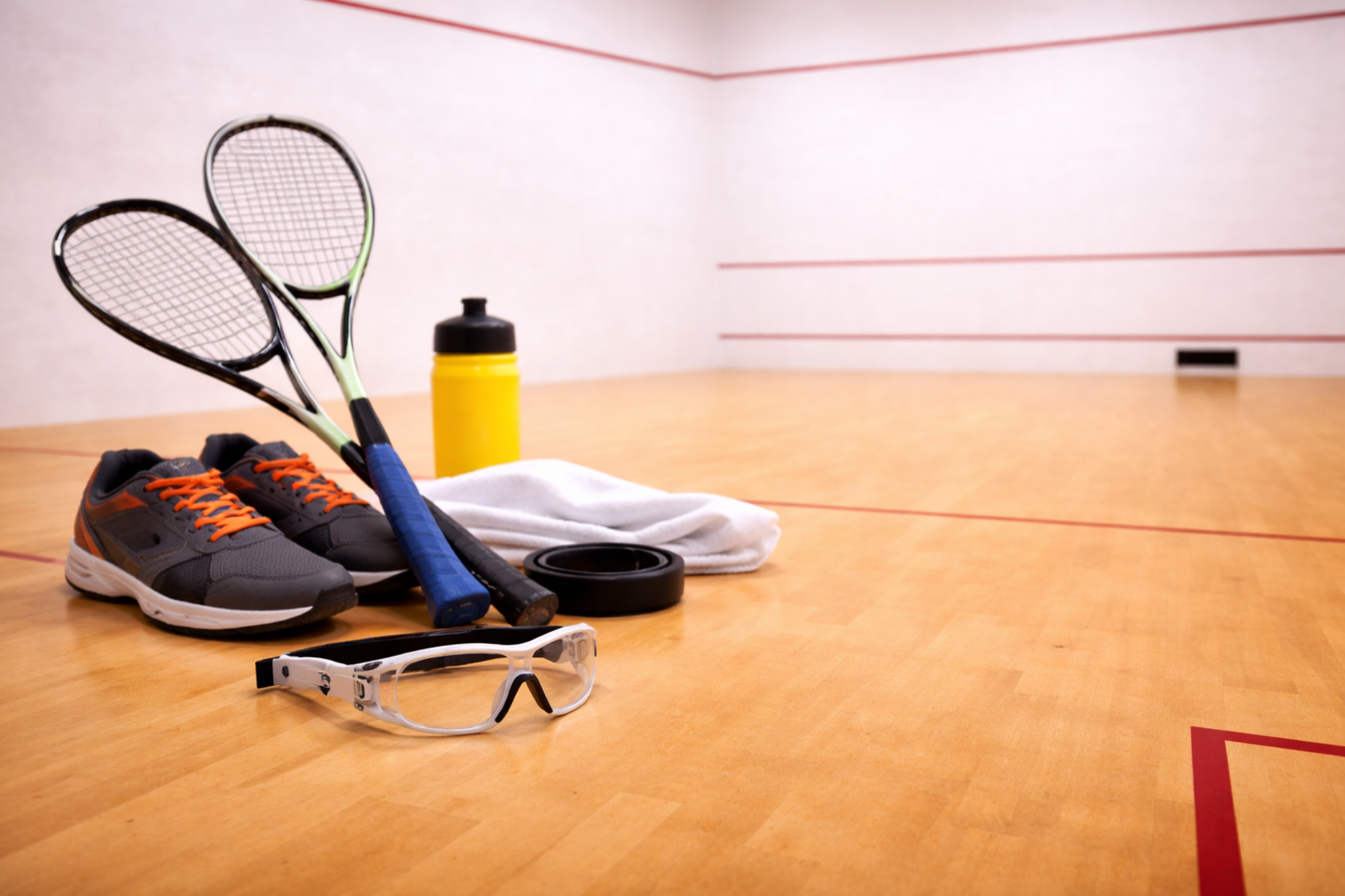 Squash rackets, shoes, and balls on a squash court floor